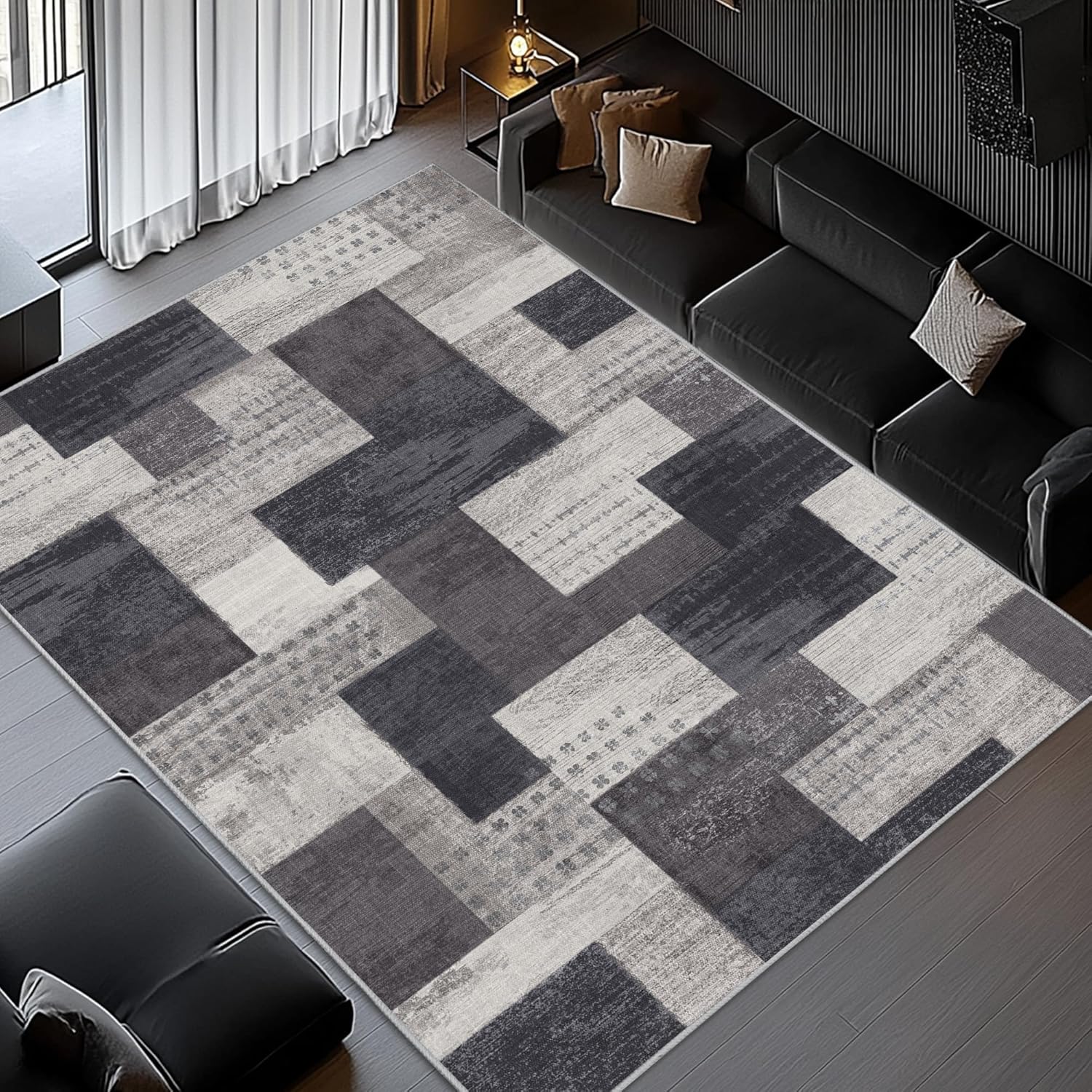 Modern Geometric Patchwork Rug Non Slip Backing Stain Resistant for Living Room Throw Carpet for Office Entryway Dining Room.