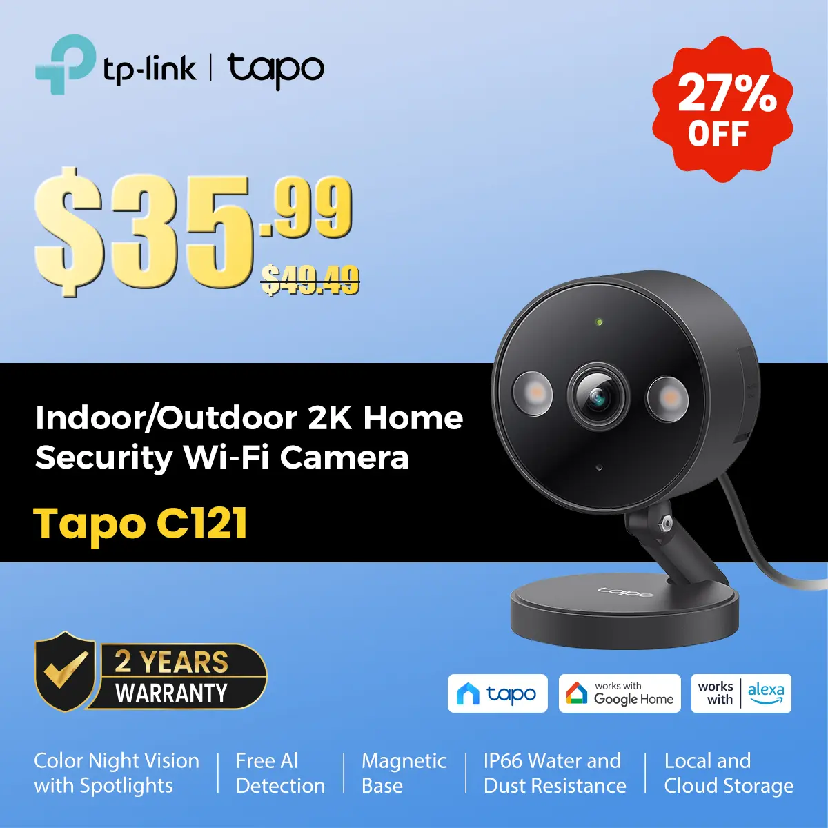 TP-Link & Tapo C121 2K QHD Indoor/Outdoor Wi-Fi Home Security Camera | Color Night Vision | Free AI Detection | IP66 | Magnetic Mount | Dual Spotlights #SummerWins #DealsForYouDays