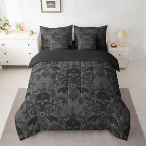 Jacquard Damask Bed in A Bag,Boho Damask 7 Piece Bedding Set,Decor Floral Surgar Skull Bed Set,Includes Comforter,Sheets,Pillowcases & Pillow Covers Breathable Duvet Set