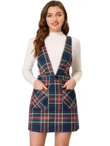 INSPIRE CHIC Women's Plaid Overall Dress V Neck Mini Pinafore Suspender Skirt Dark Blue