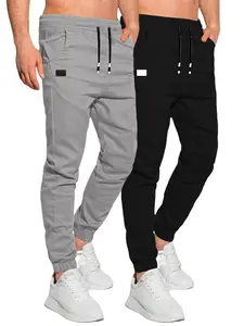 2pcs Men Casual Chino Cargo Joggers Pants Hiking Recreation Pants Twill Fitness Track Jogging Pants Casual Cotton Outdoor Drawstring Sweatpants Pants