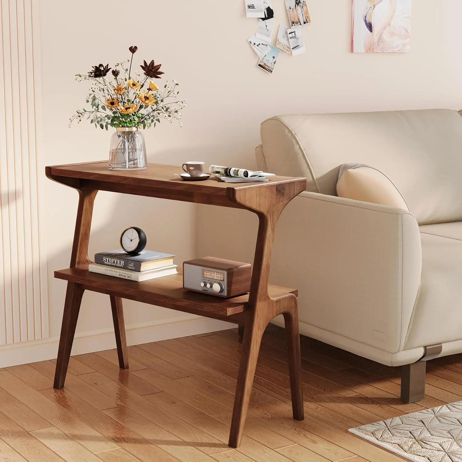 TRIBEWOOD Rustic Brown Solid Wood 2-Tier End Table - Wooden Design Living Room Furniture, Wood Frame, Open Shelves, Natural Grain, Slim Width, Quick Setup, Small Space Living Indoor Furniture