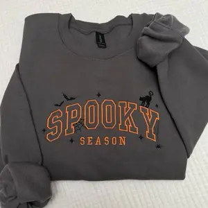 Spooky season Halloween cat bats spiderweb embroidered spooky season sweatshirt