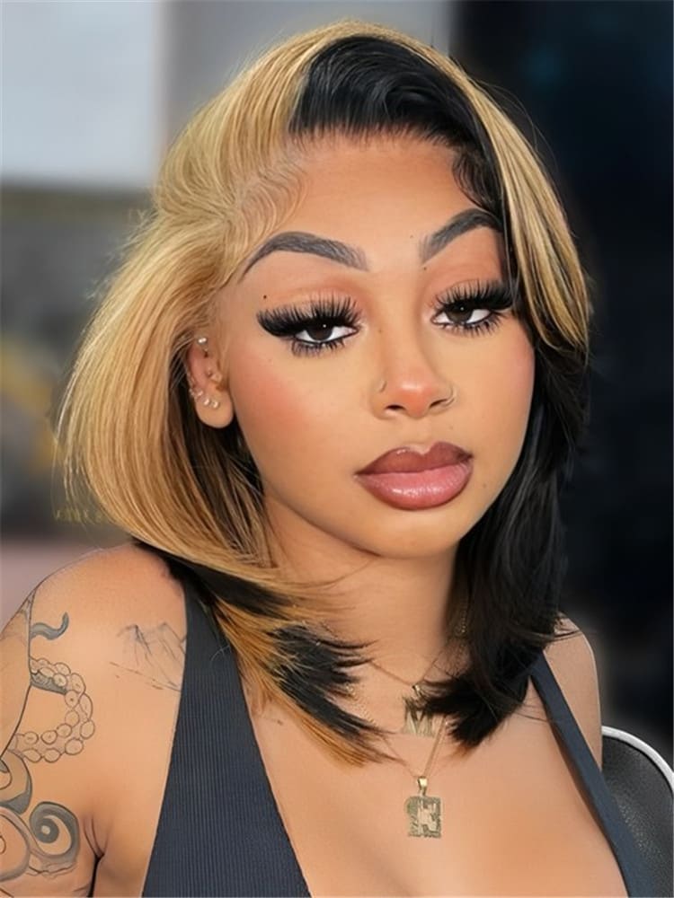 AliPearl Glueless Skunk Stripe Black Honey Blonde Color Straight Short Bob 13x6 Lace Frontal Wigs with Drawstring Ready to Go Pre Cut Pre Plucked Human Hair