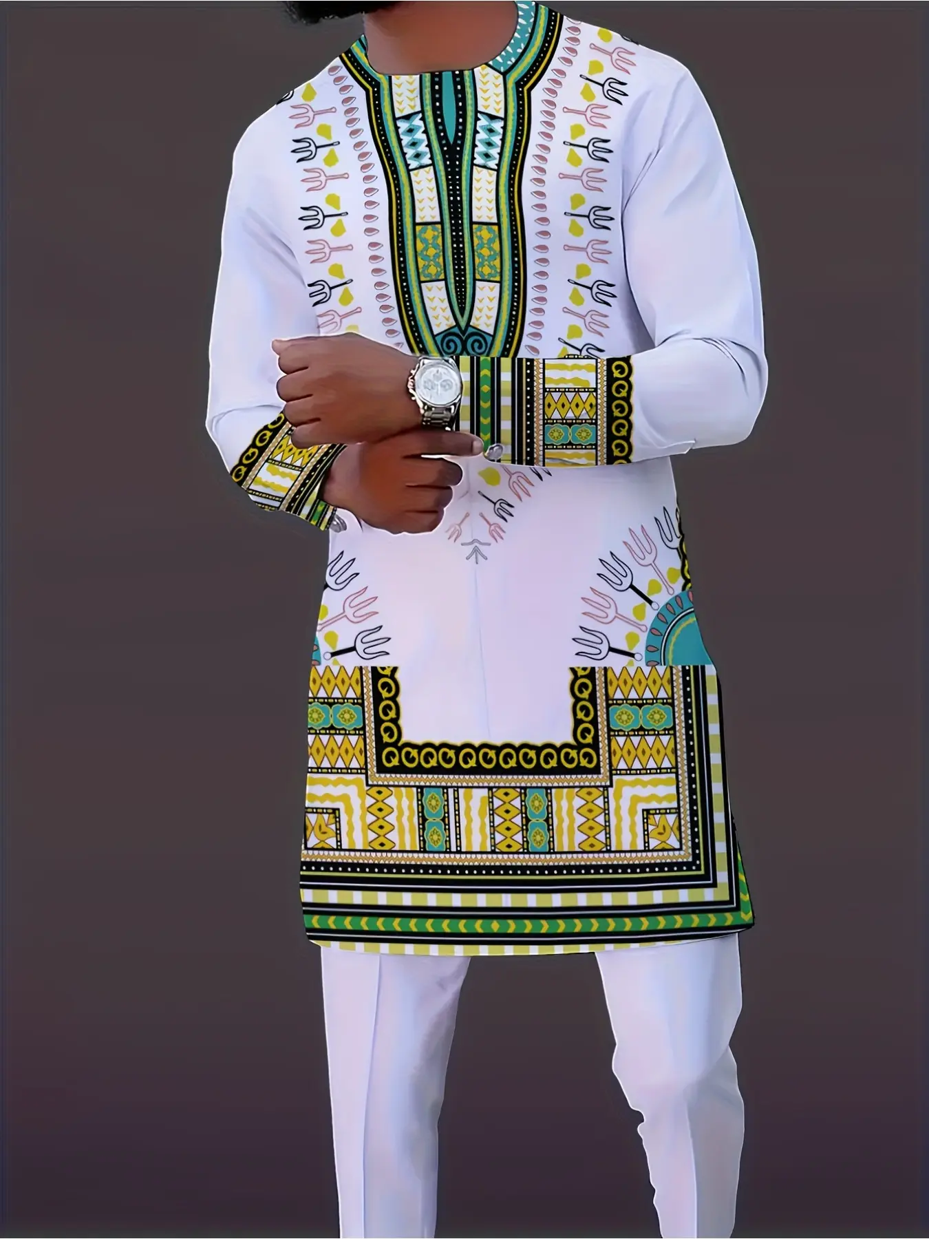 Men's long-sleeved casual suit with geometric prints in African cultural ethnic style on a white background, featuring a retro ethnic style, Casual Clothing Set, Aesthetic