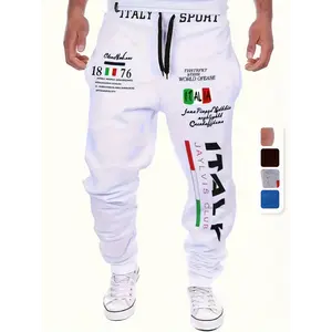 Casual Italy Themed Alphabet Print - Men's Drawstring Footed Sweatpants for Spring Autumn - Slightly Stretch Joggers for Running Jogging