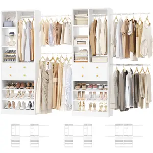 iSunirm Closet System, Up to 134" Closet Organizer with 4 Wooden Drawers and Shelves, Walk-in Closet System with 6 Hanging Rods, Built-in Closet Can Fit 96", 120"