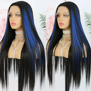13x4 Blue Skunk Stripe Lace Front Wig Straight Synthetic Heat Resistant Fiber Wig With Pre Plucked Baby Hair Colorful Wig for Women 24 Inch