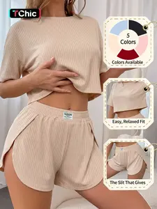 Women's Spring Summer Pajama Set, Plain Fitted Casual Sleepwear Loungewear, Short Sleeve Top and High Split Shorts, Comfortable Home