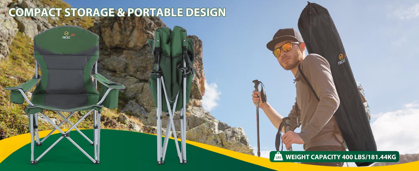 Nice C Heated Camping Chair with Battery, Heated Outdoor Sports Chair, Folding Chairs, with Cooler Bag, Cup Holder, Carry Bag, 10000 mAh Power Bank Included (Green&Grey 1-P)