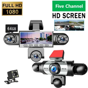 5 Channel 1080P Dashcam DVR with 64GB Memory Card Front Rear Left Right Cameras HD Screen Parking Mode Wide Angle Loop Recording G Sensor Automotive Vehicle Surveillance Accessory for Drivers summerwins