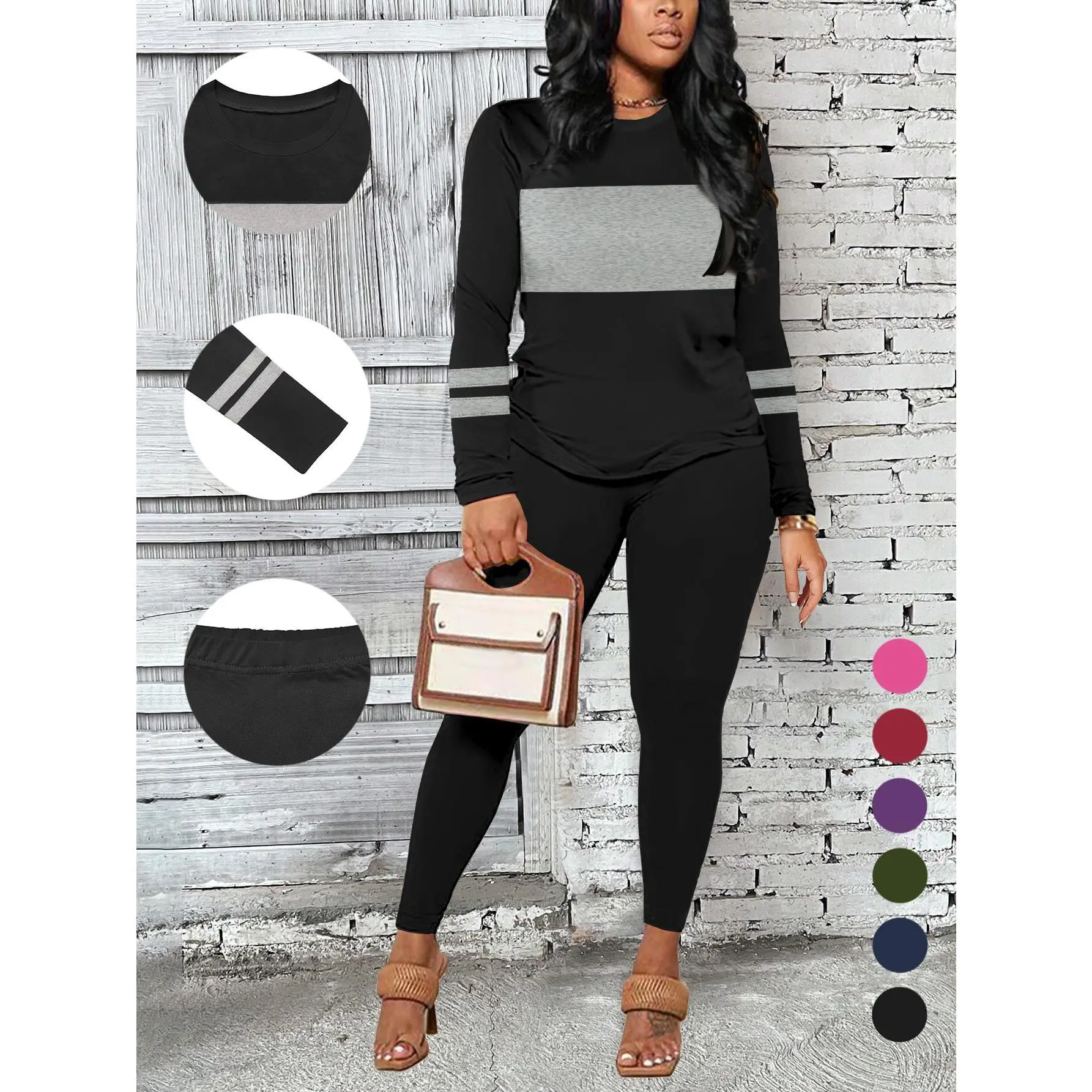 Women’s 2-Piece Colorblock Tracksuit Set – Long Sleeve Top + Slim Pants, Trendy Casual Outfit for Streetwear & Everyday Comfort Sporty Round Neck matching sets comfort sweat set matching sets for women tall girl friendly sets Sweatsuit Sets Sportswear Set