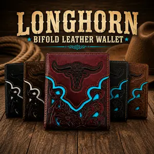 Western Bifold Leather Wallet- Tooled Leather With Longhorn Design- Rodeo Cowboy Wallet for Ranch & Rodeo Style