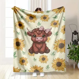 Highland Cow Sunflower Flannel Blanket Adorable Cute Highland Cow with Pink Bow Print Ultra Soft Plush Cozy Warm Lightweight Bedding for Sofa Couch Living Room Bedroom Travel Gift summerwins