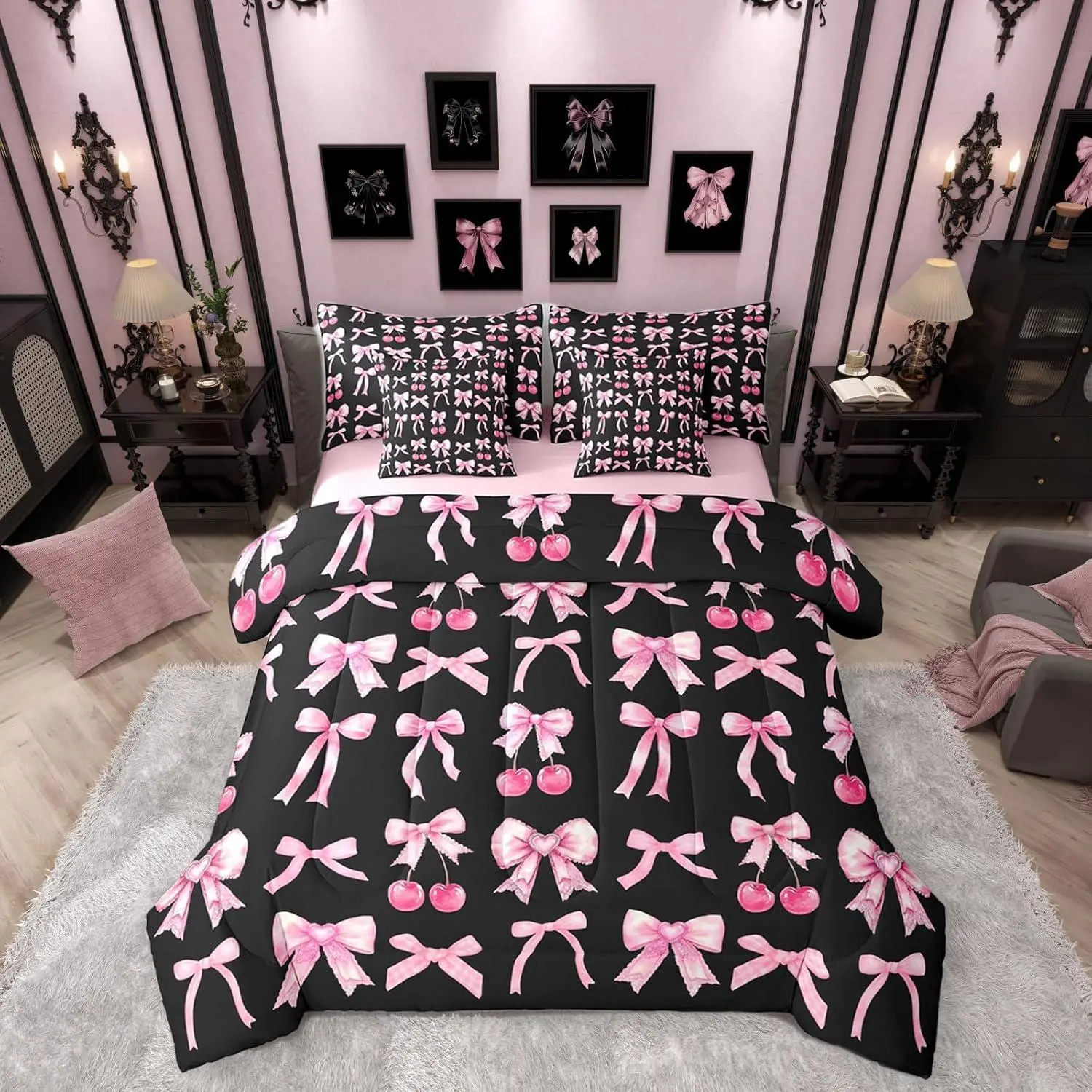 Pink Cherry Bow Comforter Set 7 Piece Bed in a Bag,Cute Silk Ribbon Bowknot Bedding Sets Princess Bow Tie Comforter and Sheet Set,Dreamy Kawaii Room Decor Hot Pink and Black Room Decor