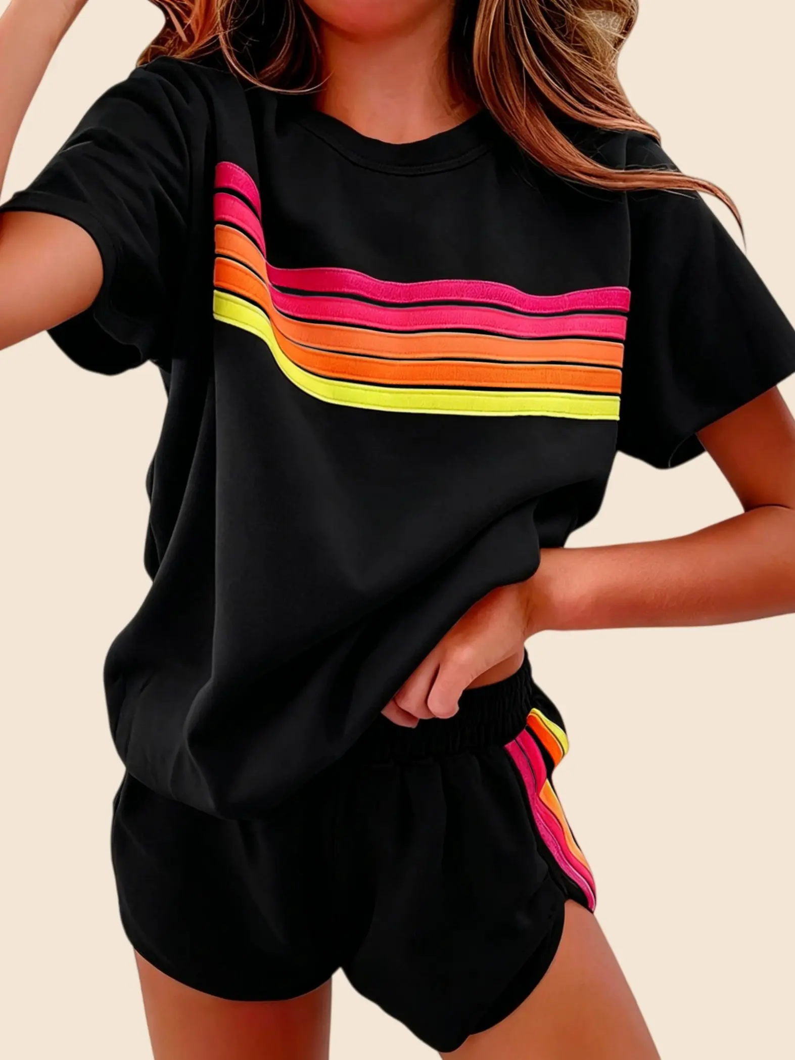 Tongudon Women's 2-Piece Lounge Set, Dopamine Rainbow Striped Short Sleeve Tee & Above the Knee Shorts, Quick-Dry Stretch Viscose Blend for Summer, Crew Neck, Elastane, Fitted, Machine Wash, Casual, Fabic：50% Viscose / 43% Polyester / 7% Elastane