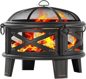 Fire Pit,26-Inch Fire Pit with Cooking Grill – Outdoor Wood-Burning Fire Pit with Spark Screen, Round Metal Design for Patio, Bonfire Parties, Camping, and Holiday Decor for Christmas, Thanksgiving, and Halloween