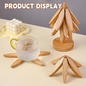 Tree-Shaped Collapsible Wooden Trivets Set with Storage Stand, 4 Pack Heat Resistant Wooden Hot Pads for Hot Dishes Pots Pans, Kitchen Table Protector Trivet for Home Restaurant