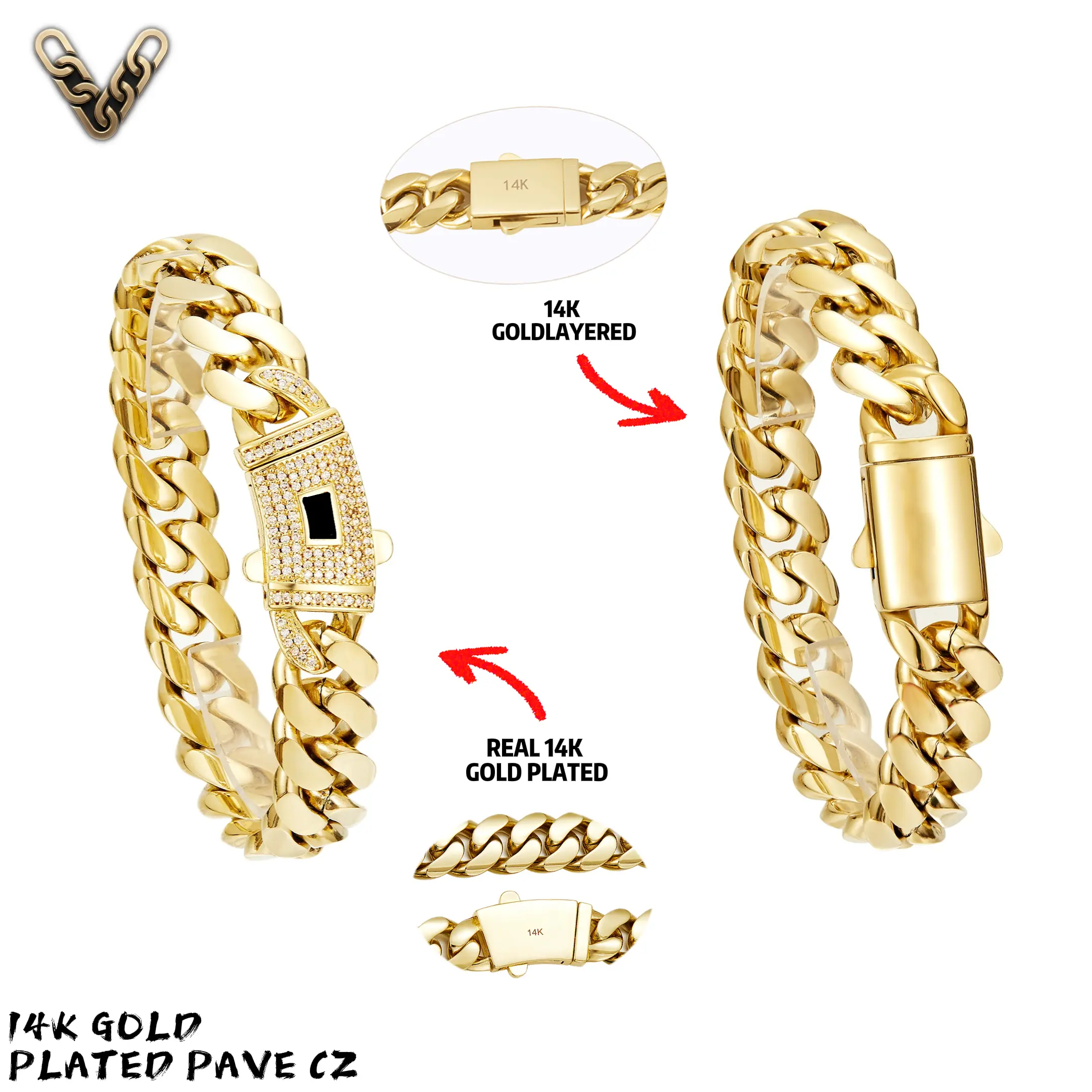 Lynvar Vault 14K gold-plated Cuban link bracelet for men and women — waterproof Monaco chain anklet, available in 6 mm, 8 mm, 10 mm, 12 mm, and 14 mm — non-tarnishing summer beach jewelry gift (7.5" and 8.5").