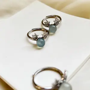 Natural Aquamarine Deer Horn Ring, Light Blue Crystal Ring