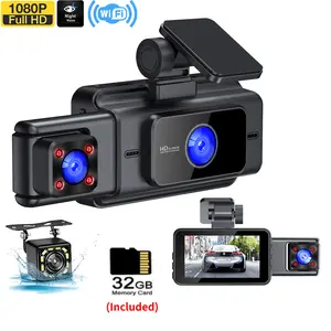 Full HD 1080P Dash Cam with Wi-Fi, 3 Lens Front Cabin Rear View Car DVR, 170° Wide Angle, Night Vision, Loop Recording, 32G TF Card Included