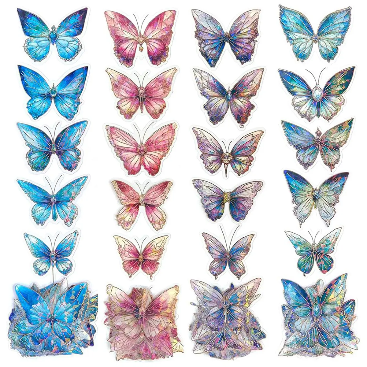 Holographic Butterfly Stickers Bulk (160Pcs, 2.0-3.0 Inches) - Sparkling Crystal Glitter, Transparent 3D Golden Border, Unisex Reusable Craft Embellishments for Junk Journals, Scrapbooking Supplies