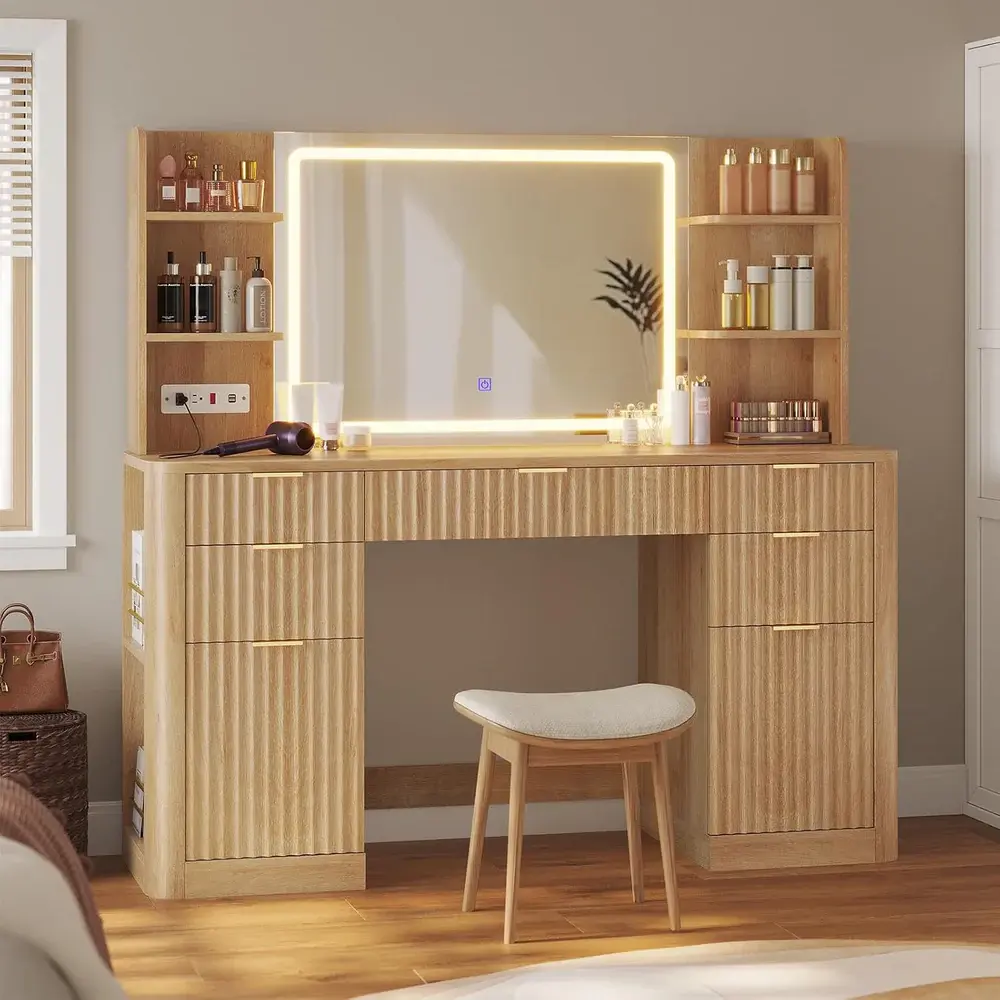 SIKAIC 51.2-Inch Fluted Oak Wood Vanity - Classic LED Vanity Dresser, Sturdy Wooden Dressing Table with Mirror, Lights, Heavy-Duty Drawer Desk, 6 Open Shelves, Ideal for Birthdays, Anniversaries