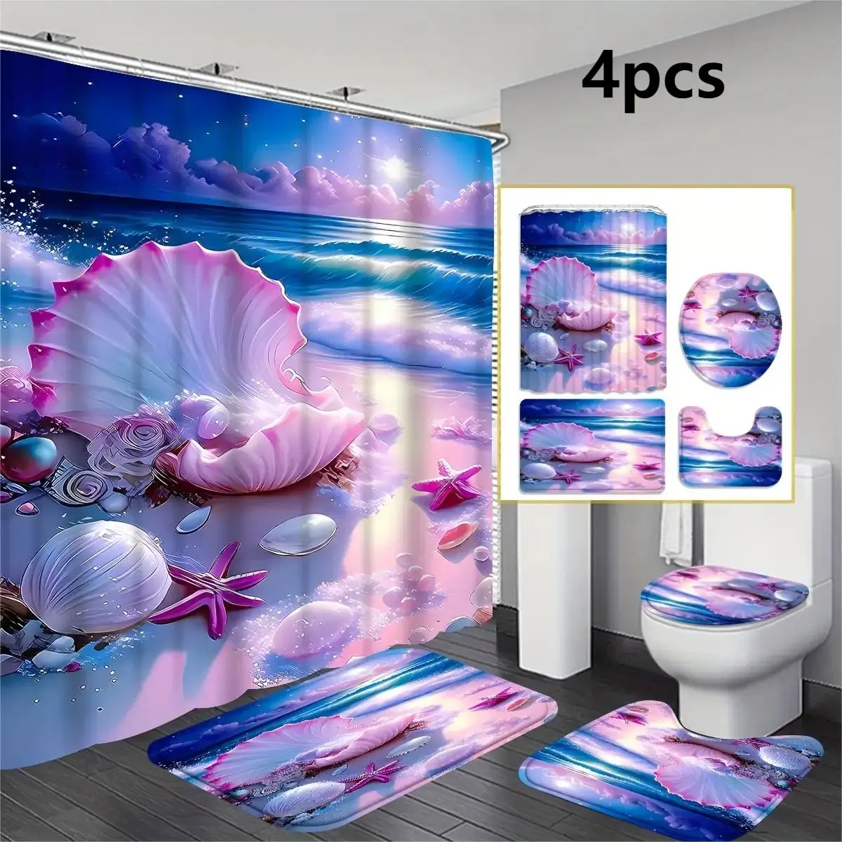 Creative Design Beach & Shell Pattern Bathroom Curtain & Toilet Mat, 1 Count Shower Curtain or 4 Counts/set Shower Curtain & Toilet Mat Set, Bathroom