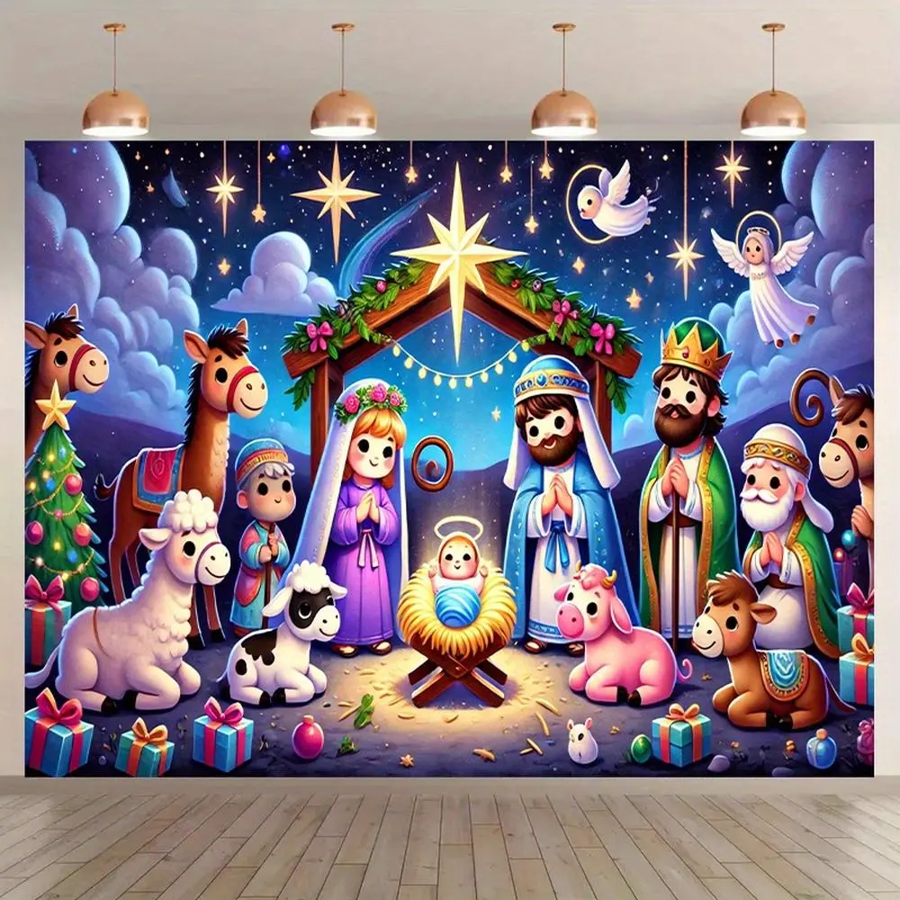 1pc Glam 2D Flat Polyester Durable Christmas Nativity Scene Backdrop - Holy Family Theme with Shepherds, No Electricity Needed, All Seasons Indoor Home-Studio Textile Soft Furnishing
