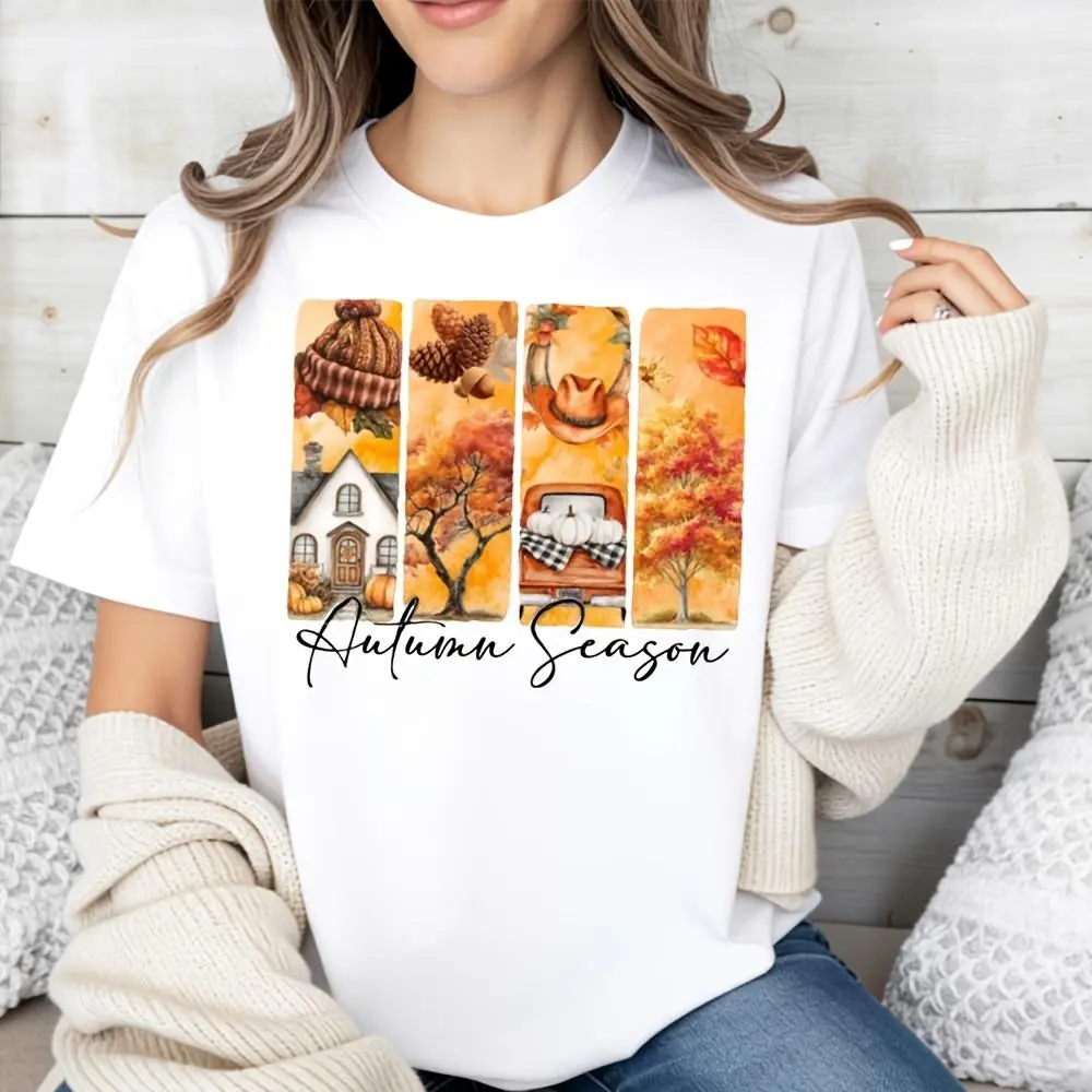 Autumn Season Print Raglan Long-Sleeved T-Shirt, Fall Harvest Theme, Casual Wear For Autumn Outings And Thanksgiving Gatherings