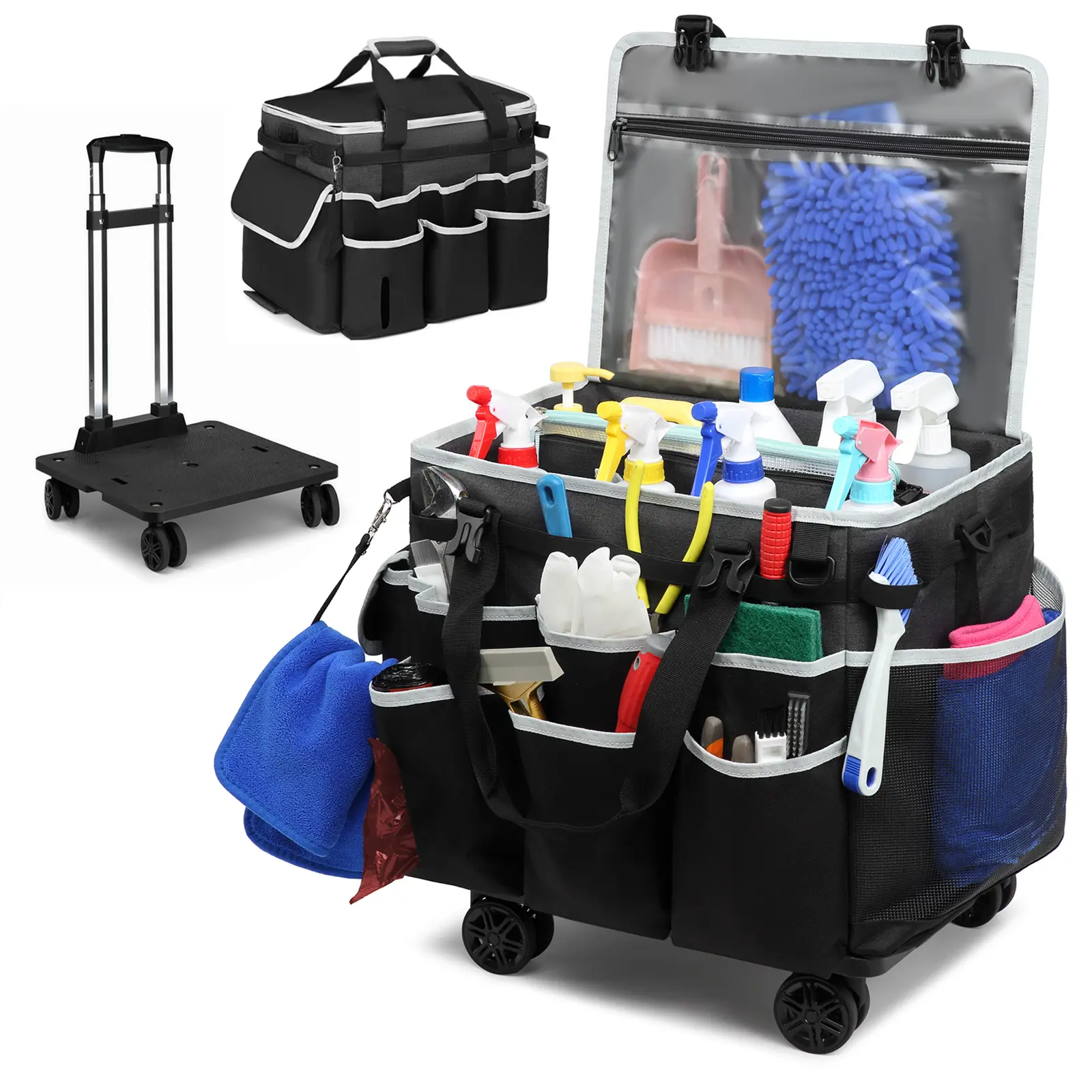 Multi-Functional Rolling Cleaning Caddy - Large Capacity Portable Storage Bag for Janitorial Tools Multi-Functional Rolling Cleaning Caddy - Large Capacity Portable Storage Bag for Janitorial Tools