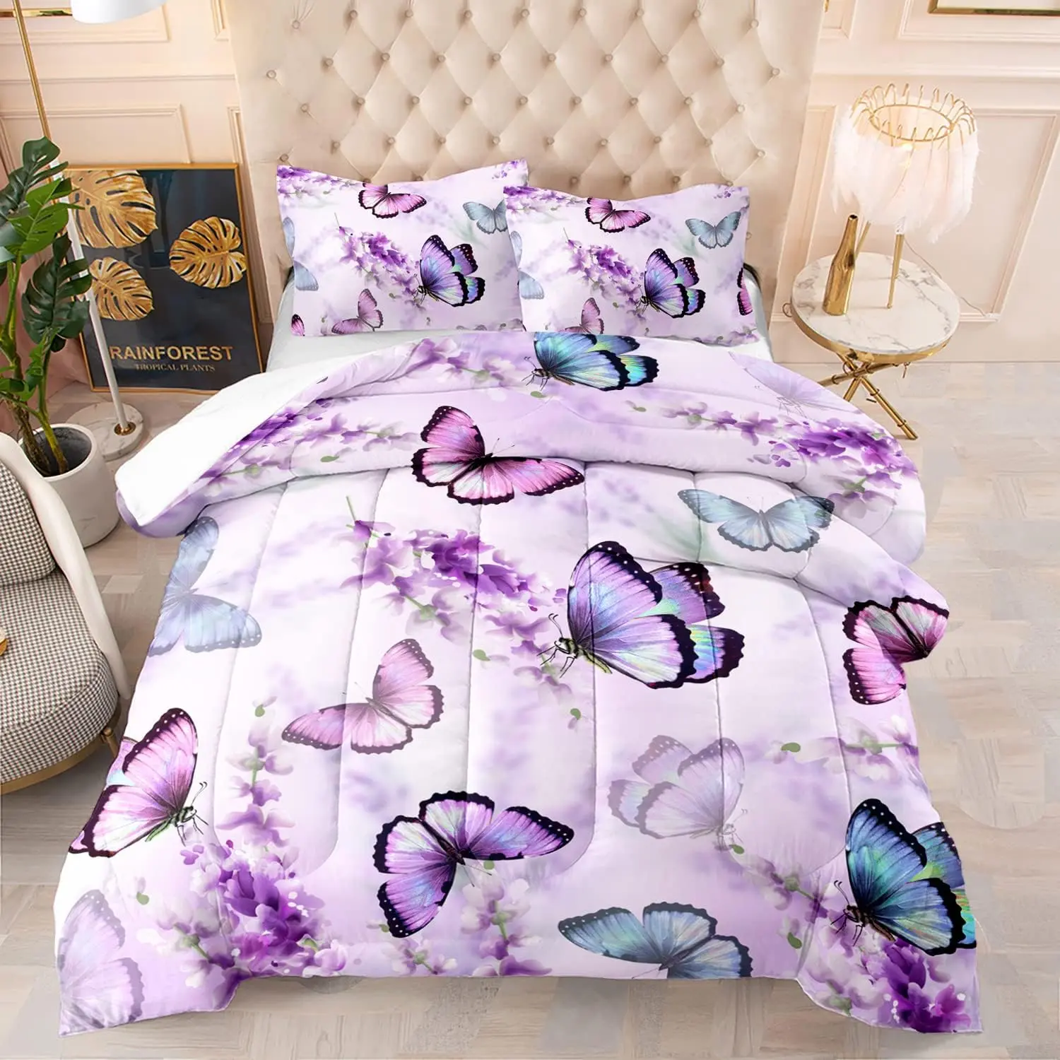 Lavender Butterfly Comforter for Adult Colorful Butterfly Pattern Aesthetics Butterflies Quilt Queen Size with 1 Comforter and 2 Pillowcases