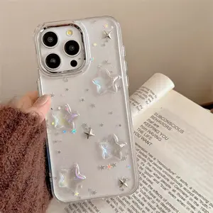 3D Star Sparkle Clear Case for iPhone 15/16/17 Pro Max, Anti-Yellowing, Shockproof, Full Protection, Durable Design, Perfect Fit