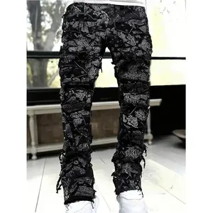 European and American-style printed streetwear elastic men’s straight slim-fit jeans