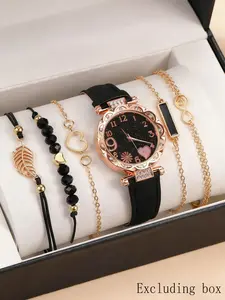 New Women's Diamond-Inlaid Quartz Watch with Leather Strap and Beaded Bracelet Set (6pcs/set)
