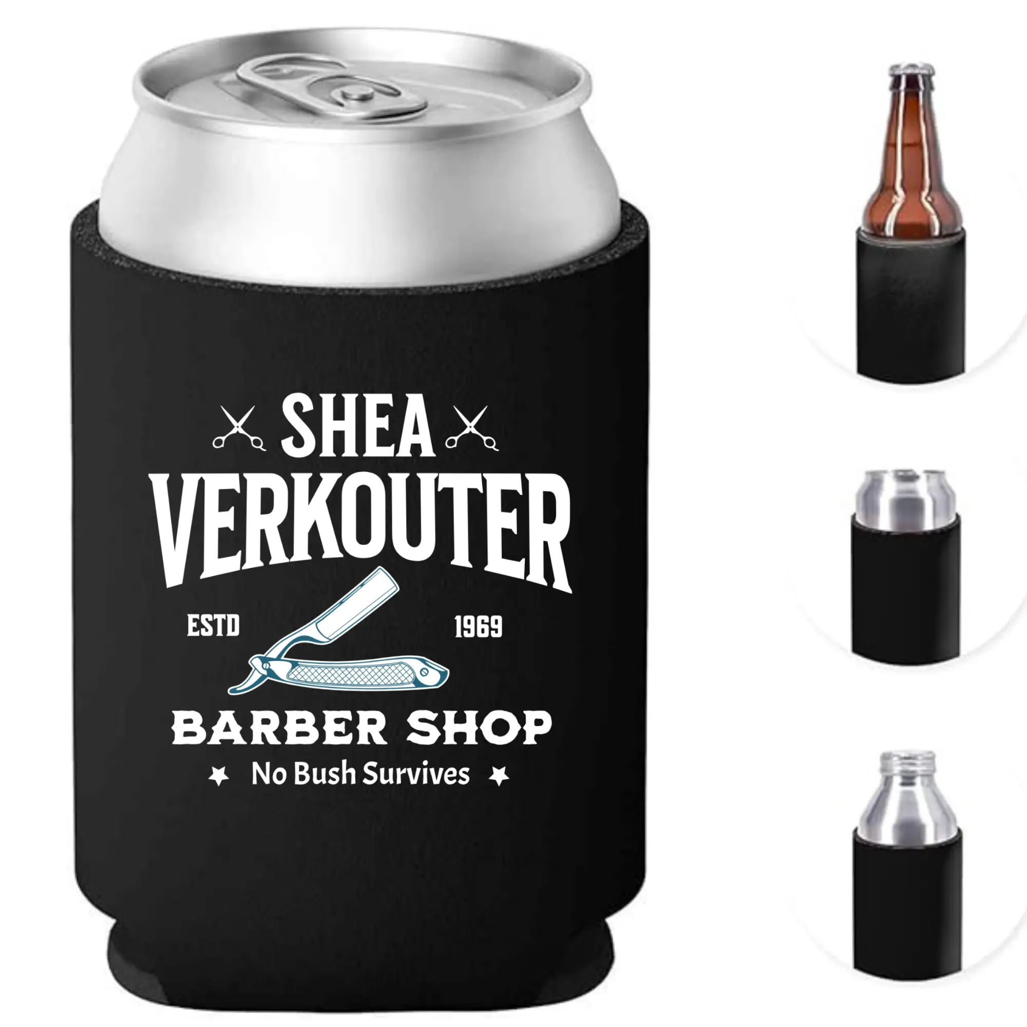 SHEA VERKOUTER Barber Logo Personalized Can Cooler Koozie, Insulated Lightweight Black Pocket-Ready Cool Accessory, Standard Fit for Most Cans (Barbershops, Backyard BBQs - Kitchenware Drinkware Accessories)