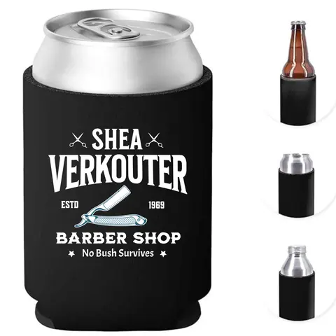SHEA VERKOUTER Personalized Barber Logo Universal Koozie Drinkware Accessory, Insulated Lightweight Black Pocket-Ready Cool Can Cooler, Fits Most Cans Soda Can Cover (Barbershop, Backyard BBQs Kitchenware)