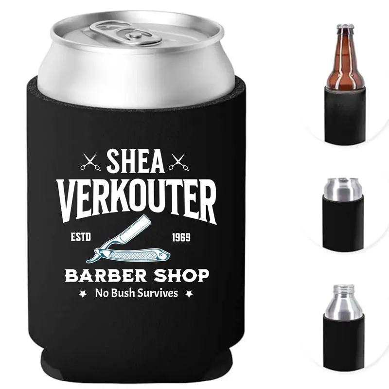 SHEA VERKOUTER Personalized Barber Logo Universal Koozie Drinkware Accessory, Insulated Lightweight Black Pocket-Ready Cool Can Cooler, Fits Most Cans Soda Can Cover (Barbershop, Backyard BBQs Kitchenware)