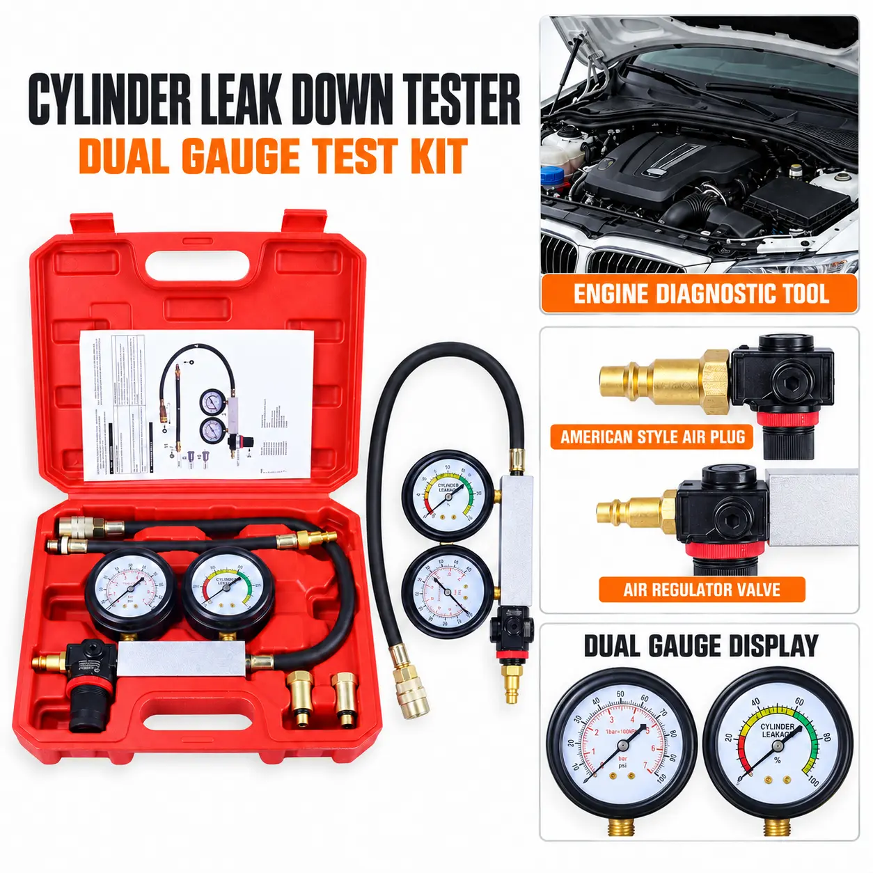 Cylinder Leak Down Tester, Dual Gauge Engine Compression Test Kit with Hoses and Adapters, Automotive Engine Cylinder Leakage Detector for Cars and Motorcycles