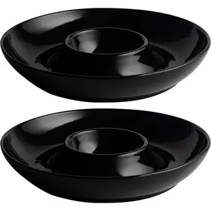 Porcelain Chip and Dip tray, set of 2, Ceramic Divided Serving Tray for Parties, Round Dip Platter and Salsa bowl  for chips, salsa, candy, olives, nuts, fruit and veggies, Bright Black