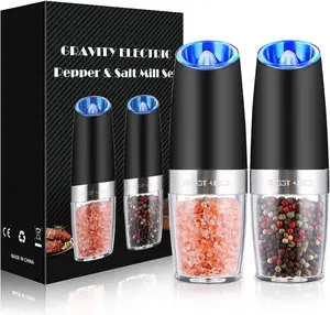 [Limited time Deal] - 2 Pack Gravity Electric Pepper and Salt Grinder Set, Adjustable Coarseness, Battery Powered with LED Light, One Hand Automatic Operation, Stainless Steel Black, Aesthetic Dish