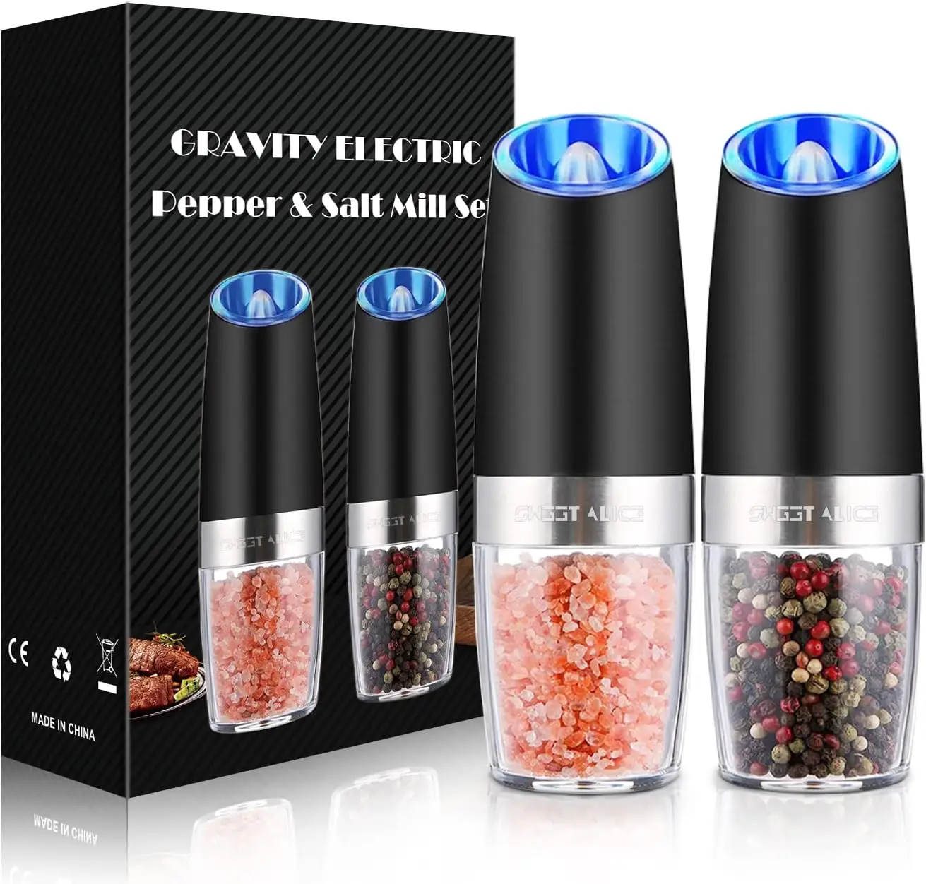 2 Pack Gravity Electric Pepper and Salt Grinder Set, Adjustable Coarseness, Battery Powered with LED Light, One Hand Automatic Operation, Stainless St