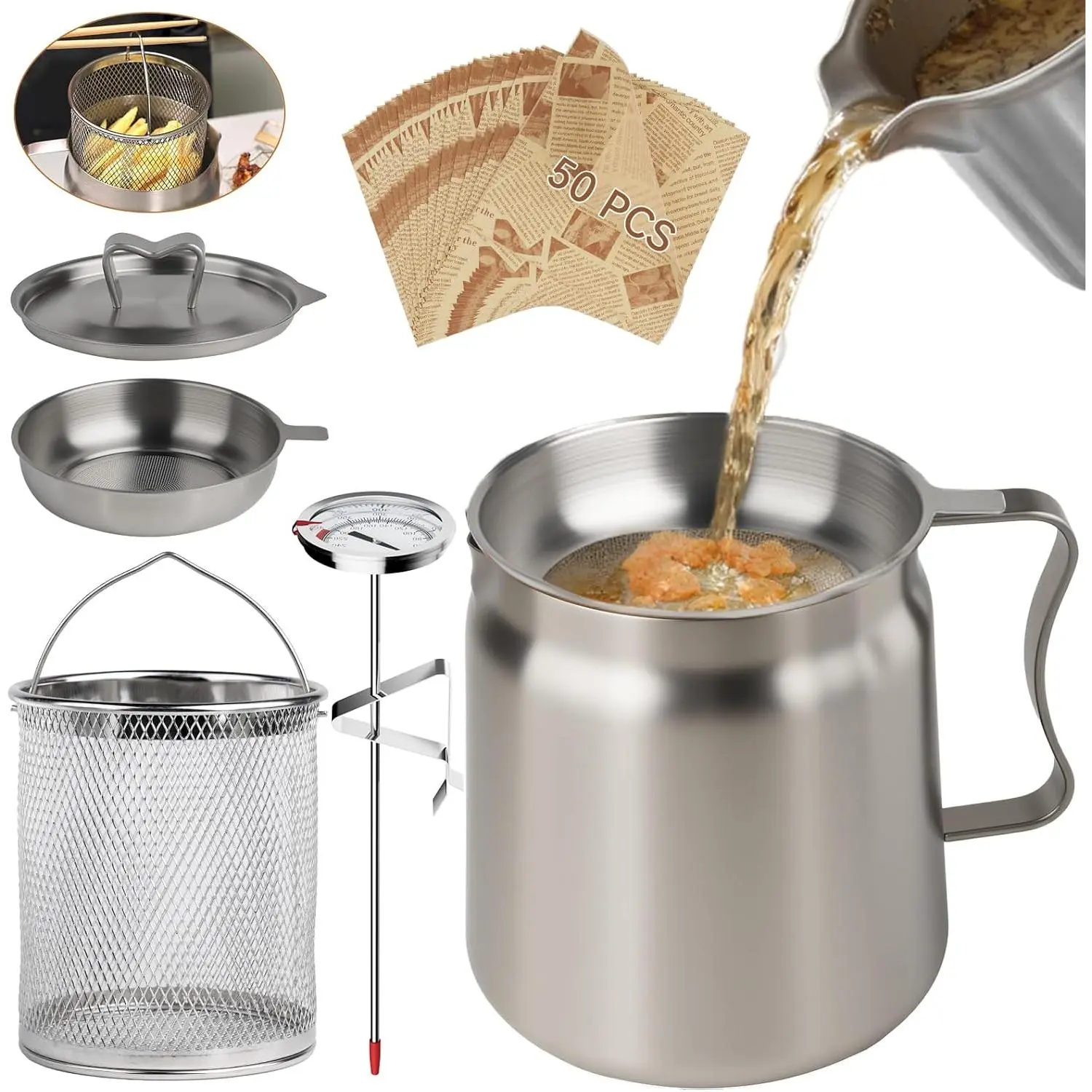 Stainless Steel 2L (68oz) Meat & Bacon Grease Saver Kit with Mesh Grid, Dual-Layer Strainer, Frying Basket, Thermometer, 50 Wax Papers, Lid, Utensils - Dishwasher Safe, Coffee-Compatible Oil Filter Pot with Practical Kitchen Design for Home, Camping