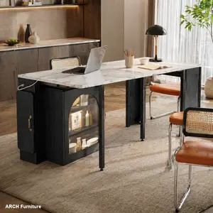 Modern Dining Table - Extendable Arch Design with 3 Removable Middle Leaves (4-5 Seats), MDF+PB+Steel Mobile Rolling Island, Power Outlet, LED Lights, Space-Saving Storage Cabinet, Indoor Apartment Furniture (Black & Marble White)