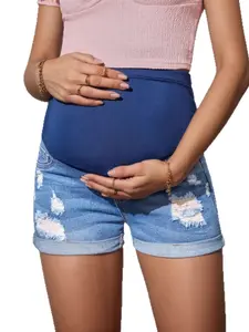 Light Blue Pregnant Maternity Jeans Shorts, Summer Belly Support, Simple Ripped Mid-Waist Elastic, Casual Slim Fit, Pregnancy Clothing