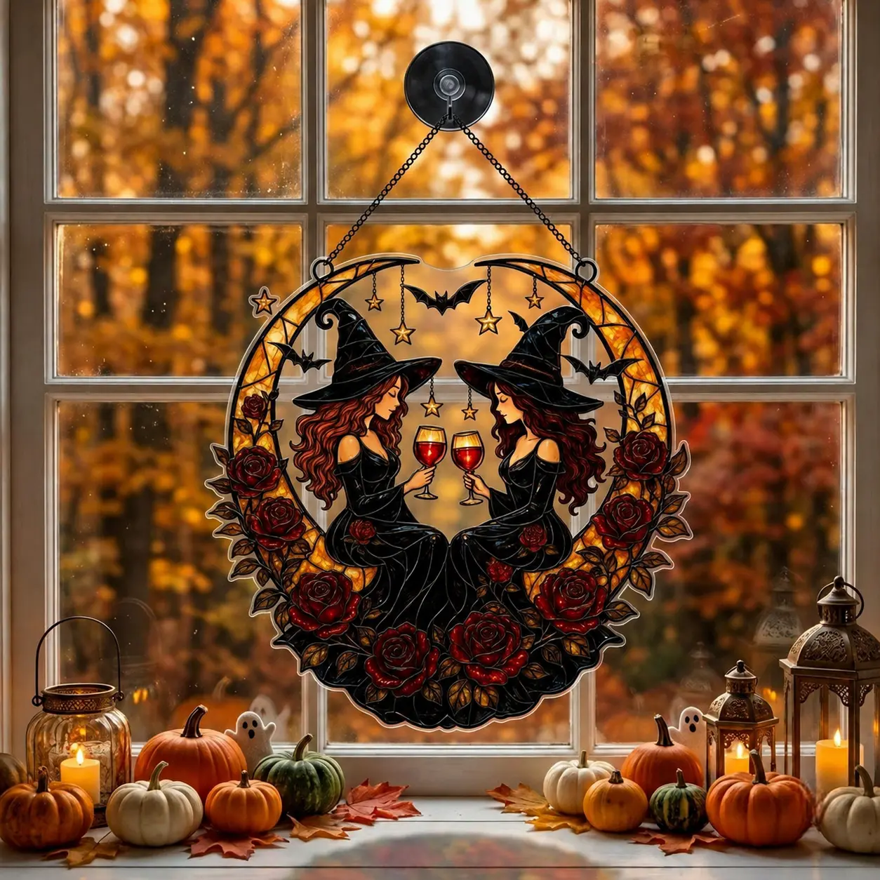 Witch Best Friend Acrylic Suncatcher, Gothic Moon Window Hanging, Custom Halloween Gift, Witchy Home Decor