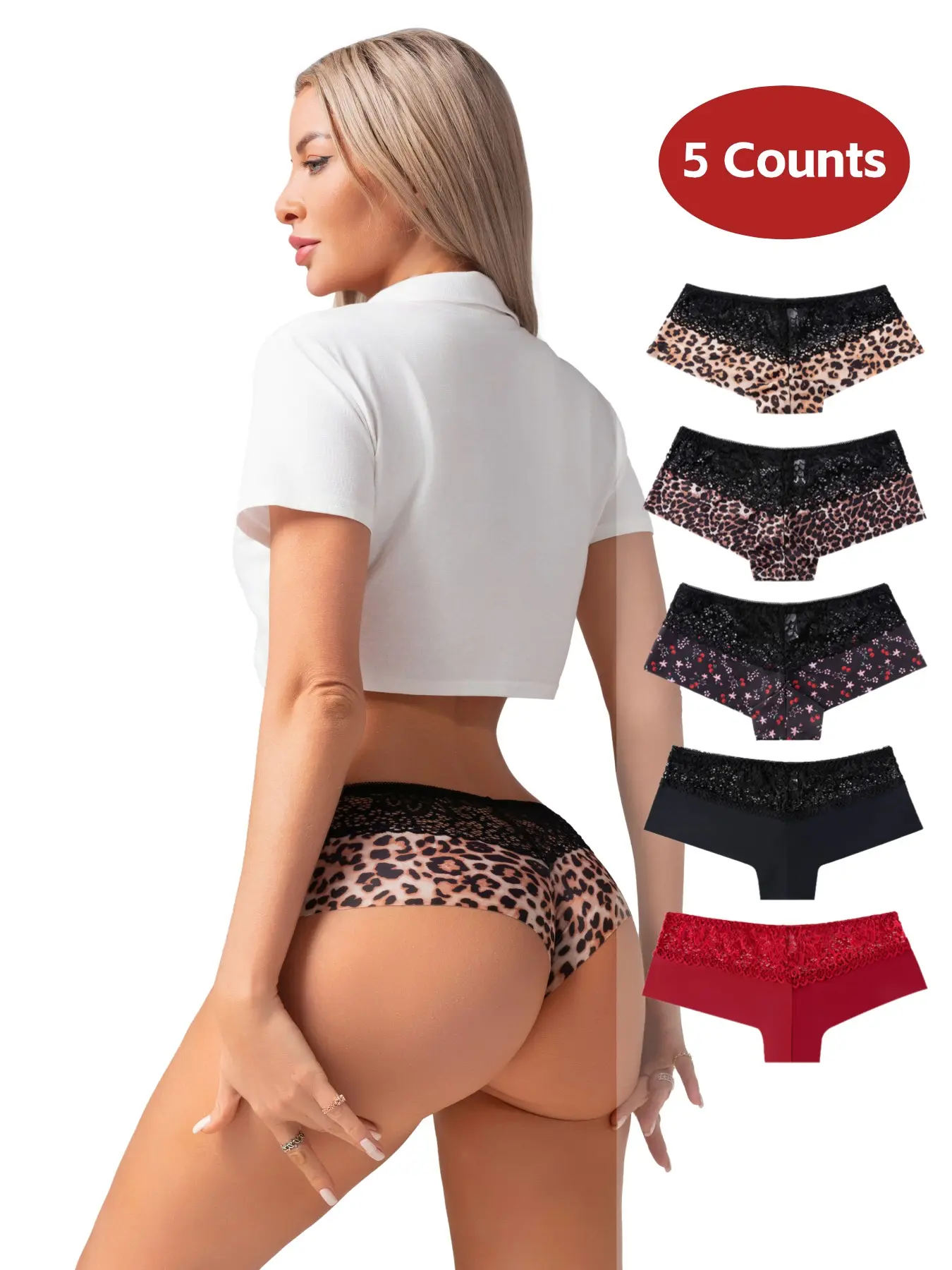 Women's Leopard Print Low Waist Fit Underwear Set, Sweet Cherry Fashion Design, Ice Silk Seamless Comfortable Everyday Wear Shorts, Panties, Low Rise Underwear