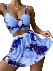 Marble Print Bikini Set Wrap Double Strap Cami Bra & Hipster Bottom & Layered Beach Skirt 3 Piece Bathing Suit