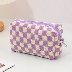 Large Capacity Cosmetic Bag, Soft Knitted Fabric, Zipper Closure, Cute Travel Storage Bag, Ideal for Daily Use, School, Work, Makeup Organizer Pouch