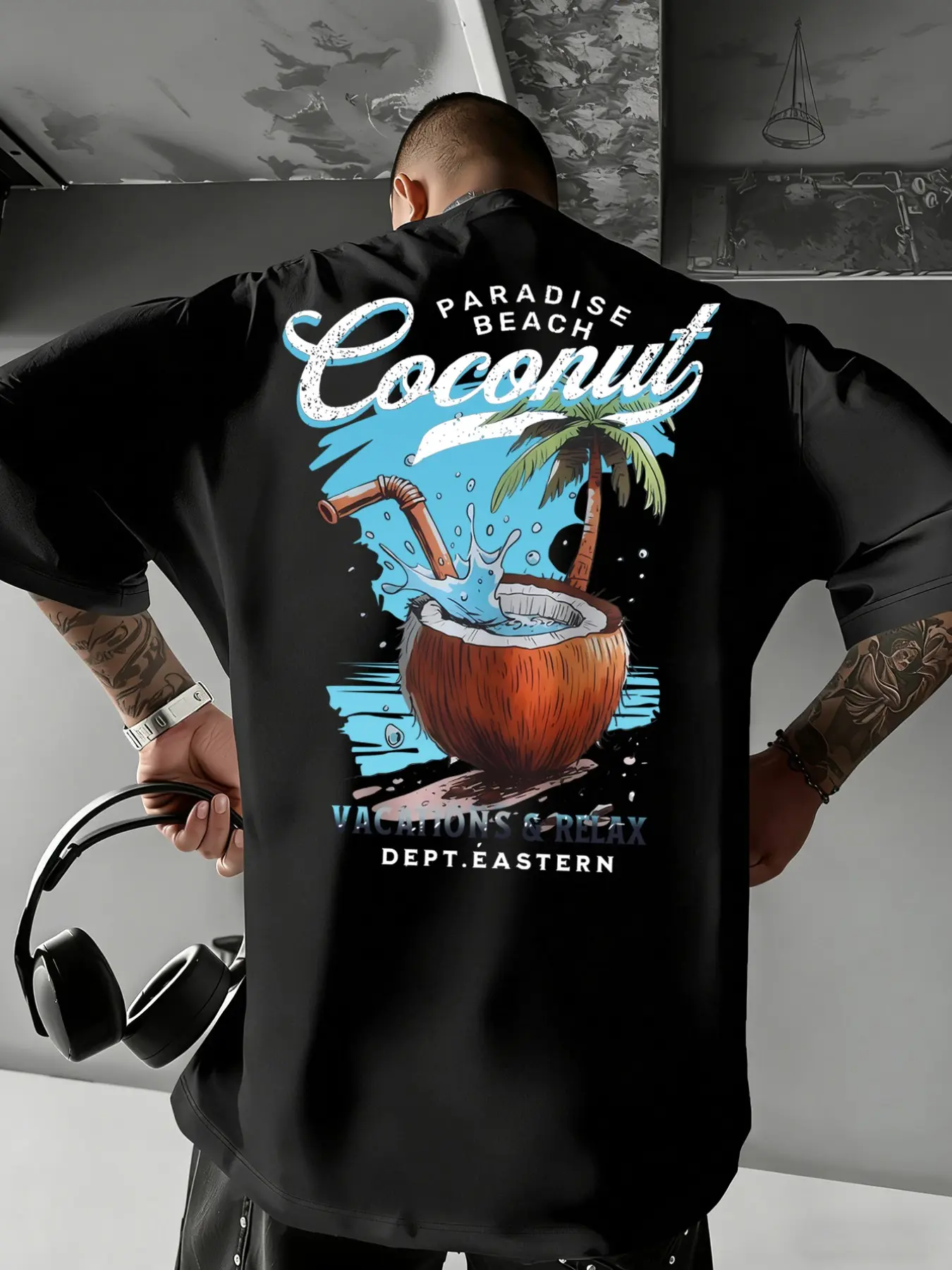 Men's Summer Tropical Beach Coconut Vacation Graphic Print T-Shirt, Casual Round Neck Short Sleeve Top, Comfortable Outdoor Wear for Summer